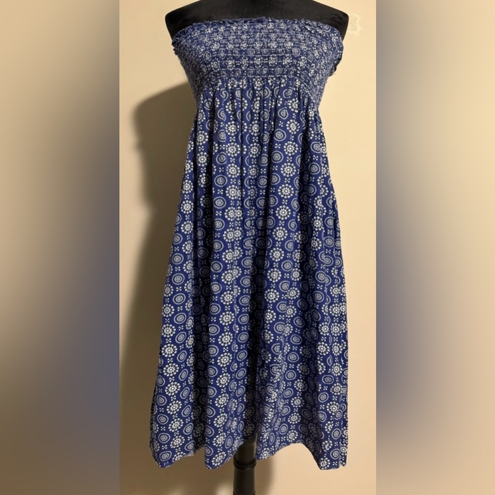 EUC Retro Blue and White Sleeveless Boho Stretch Top Dress size medium